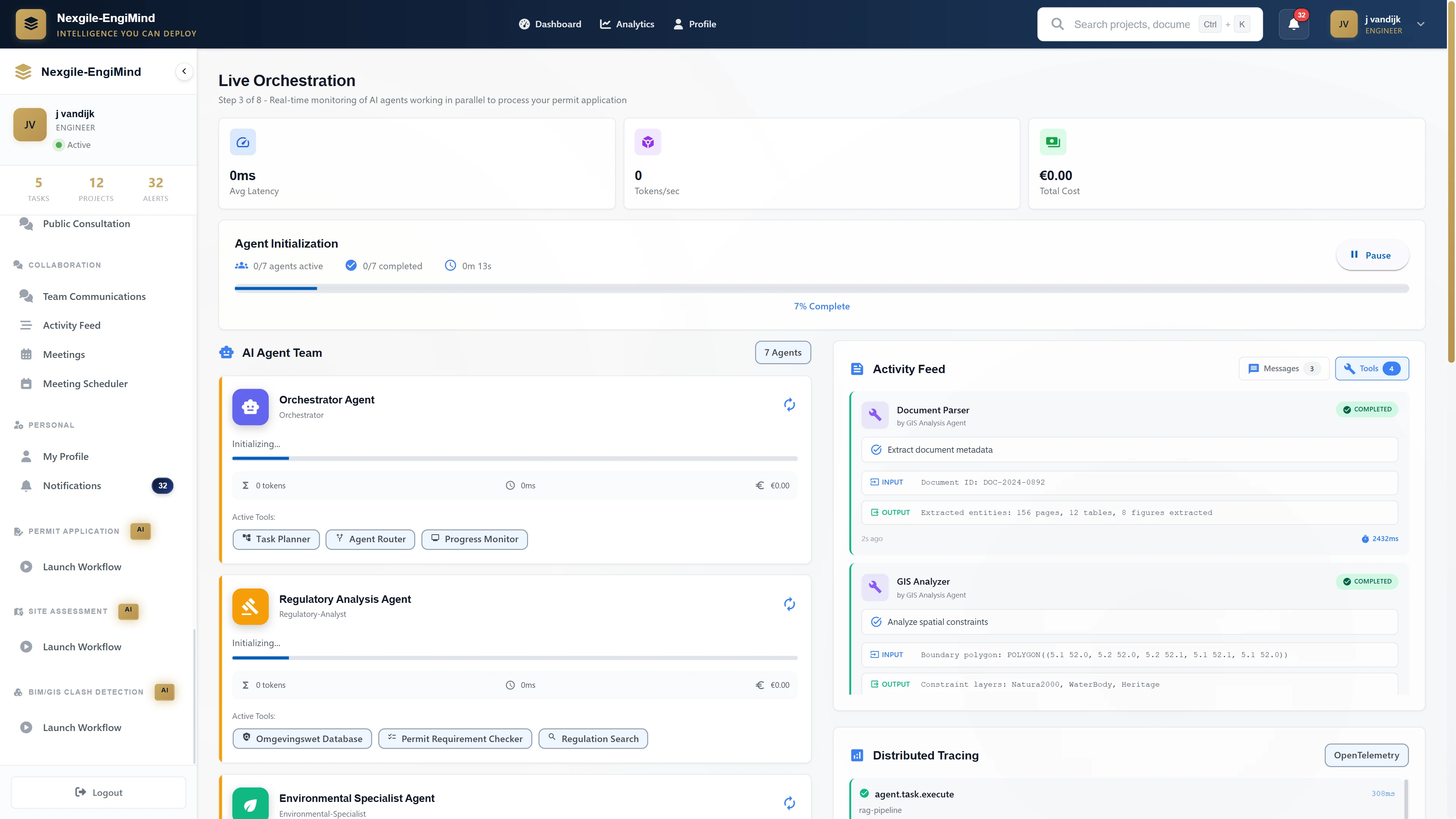Live Orchestration dashboard showing 7 AI agents working in parallel with real-time task monitoring and distributed tracing