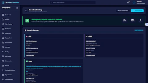 Executive Briefing Summary - AI-generated investigation summary showing completion in 20 seconds with 87% confidence using 8 specialized agents. The scenario summary presents structured input (quality issue investigation for work order WO-46102, Industrial Controller Board v4, yield drop on Line 3), process methodology (multi-agent AI analysis of MES, SPC, supplier and IoT sensor data in 20 seconds vs 18.5h manual, with 15 API calls and 1 automated decision), and output results (root cause identified, 87% confidence score, 247 units contained, 3 compliance documents generated including 8D, CAPA, and NCR, plus 4 future issue predictions).