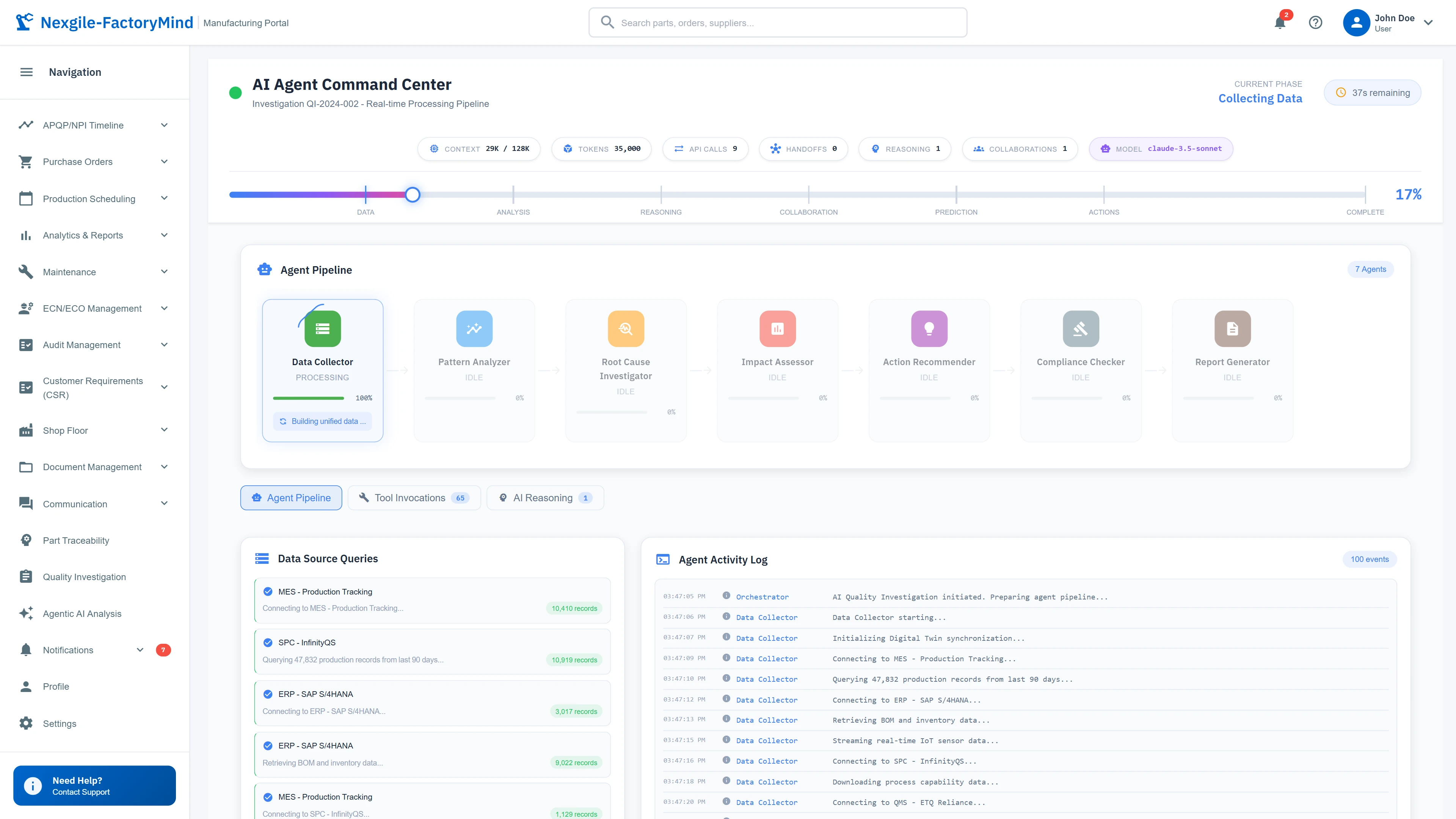 AI Agent Command Center with 7-agent pipeline and real-time data collection progress