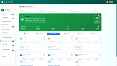 Agent Details View - Detailed breakdown of 6 specialist agents with processing times, weights, findings, and data sources