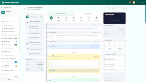 Live Investigation Console - Real-time multi-agent investigation with 8 specialized agents, execution stream showing 7 investigation phases, and technical metrics