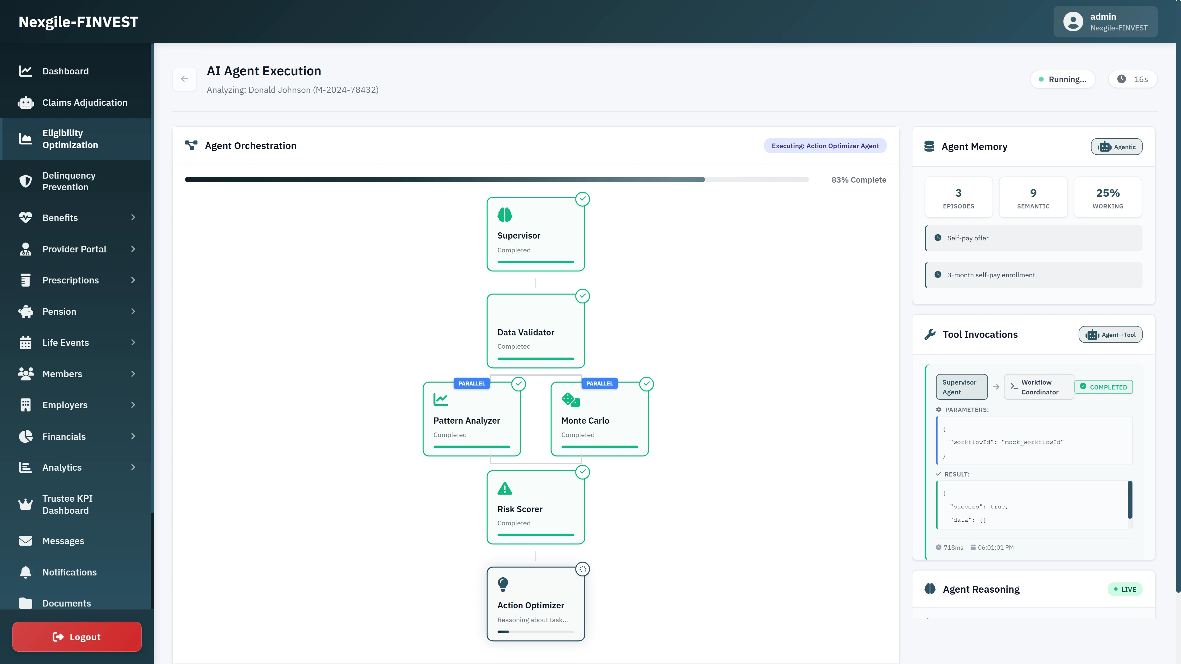 AI Agent Execution dashboard displaying DAG workflow visualization at 83% completion with Supervisor, Data Validator, Pattern Analyzer, Monte Carlo, and Risk Scorer agents completed, Action Optimizer in reasoning phase, plus Agent Memory panel showing episodic and semantic memory utilization