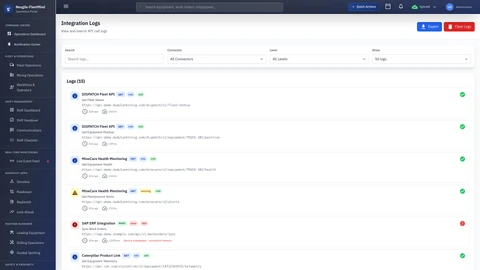 Integration Logs showing system connectivity status and data synchronization events
