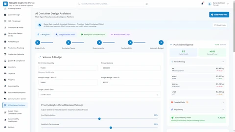 Design input wizard with volume & budget configuration, priority weights for AI decision making, and real-time market intelligence panel showing resin pricing and supply chain status