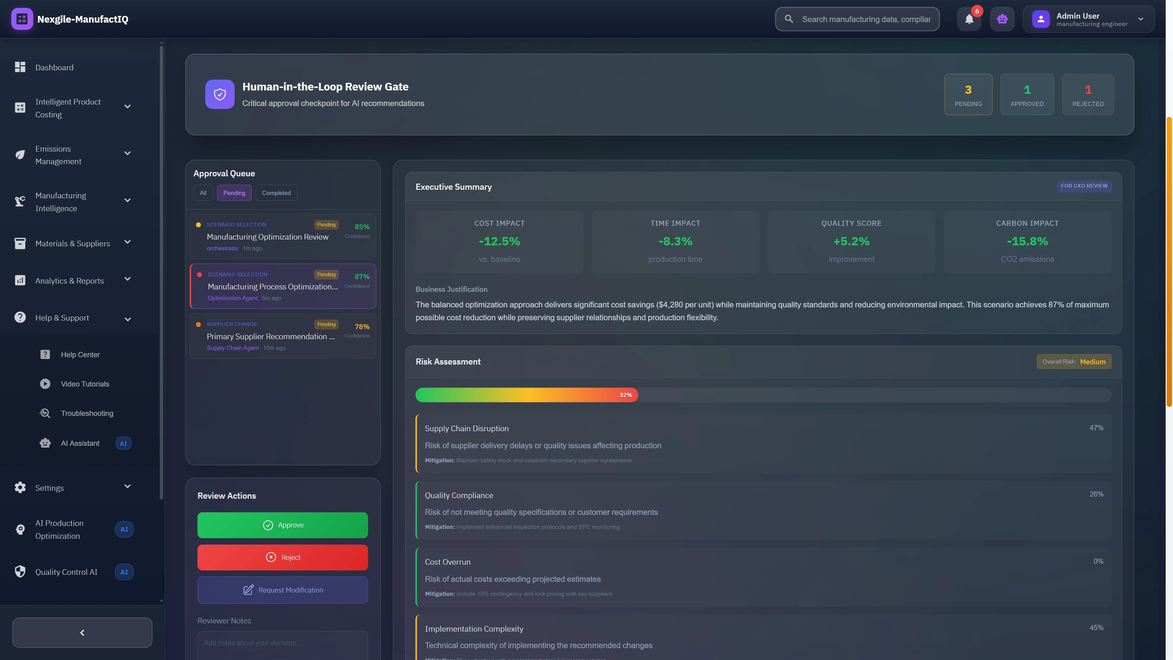 Human-in-the-loop review gate showing optimization scenarios with cost, time, quality, and carbon impact analysis for approval or modification