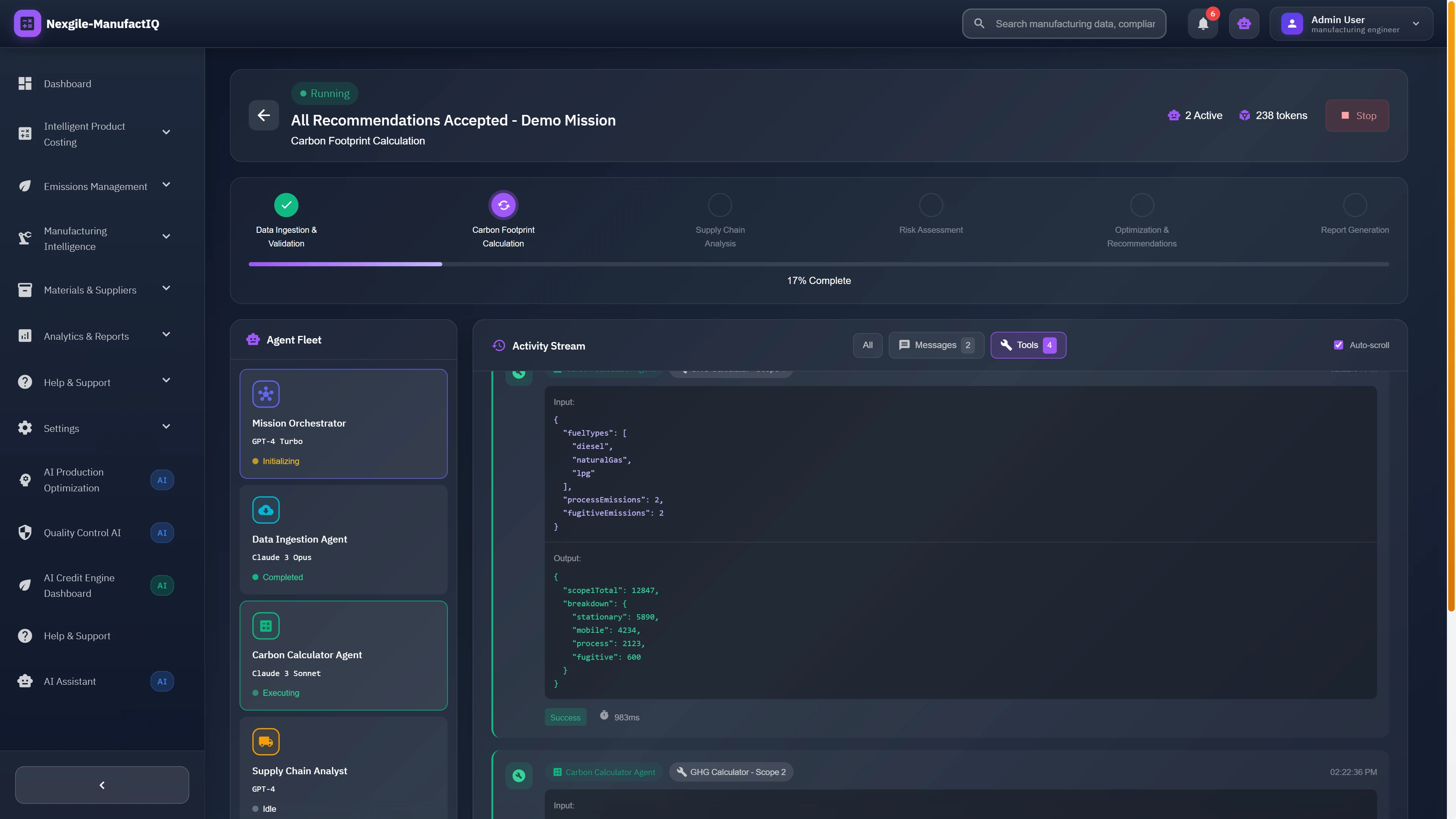 Live mission execution view showing coordinated agent fleet activity with data ingestion, carbon calculation, and supply chain analysis running in parallel with real-time output streams