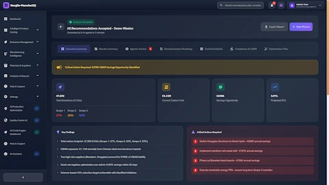 Mission completion results dashboard presenting total emissions breakdown, current carbon costs, savings opportunities, critical action items, and decarbonization roadmap recommendations