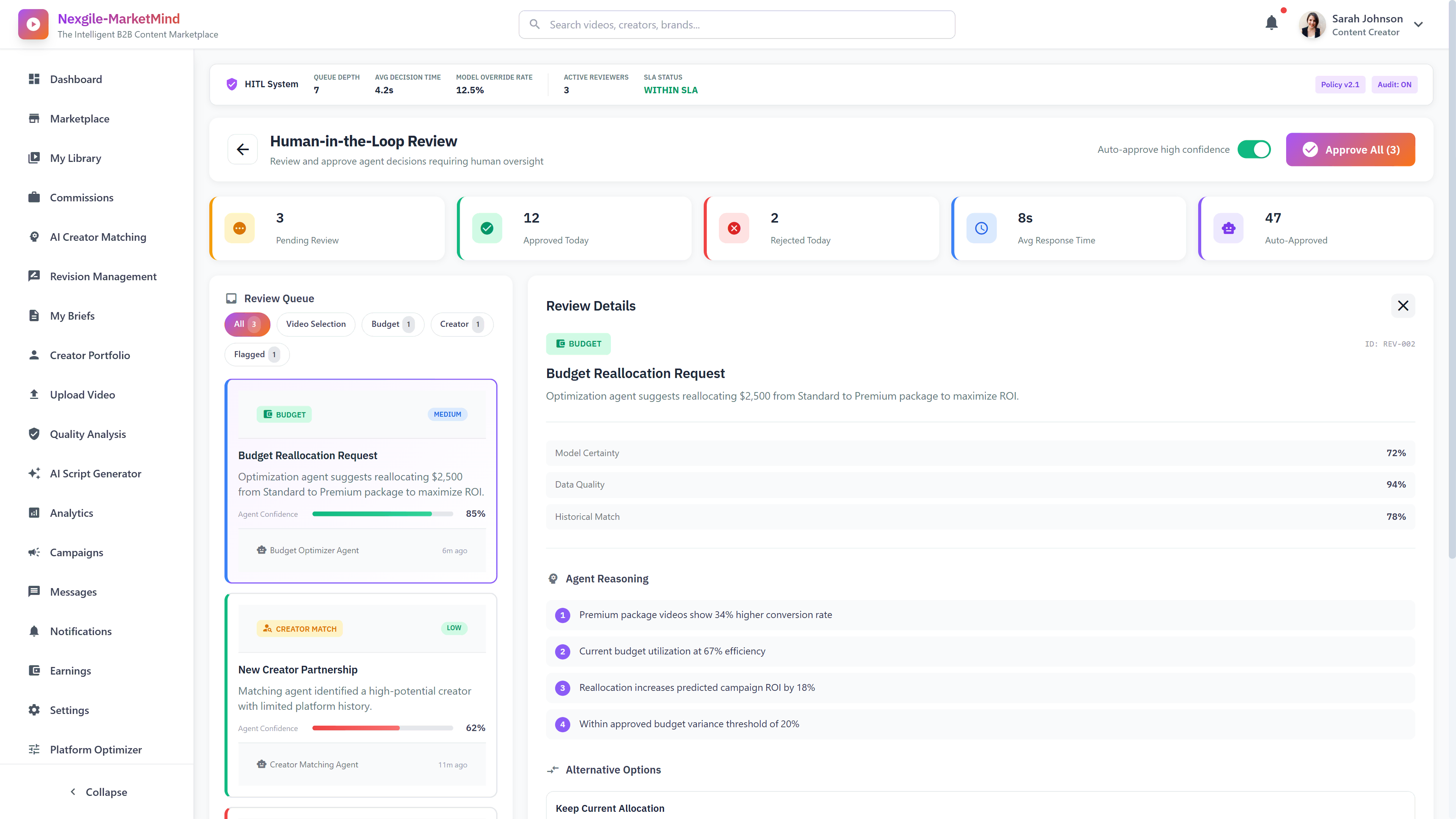 Human-in-the-Loop Review - Interface for reviewing and approving agent decisions with confidence scores and explainable AI reasoning