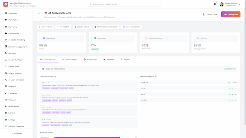 AI Analysis Results - Comprehensive multi-agent analysis output with GPT-4 Vision, Whisper V3, Claude 3 Opus consensus and detailed quality scoring