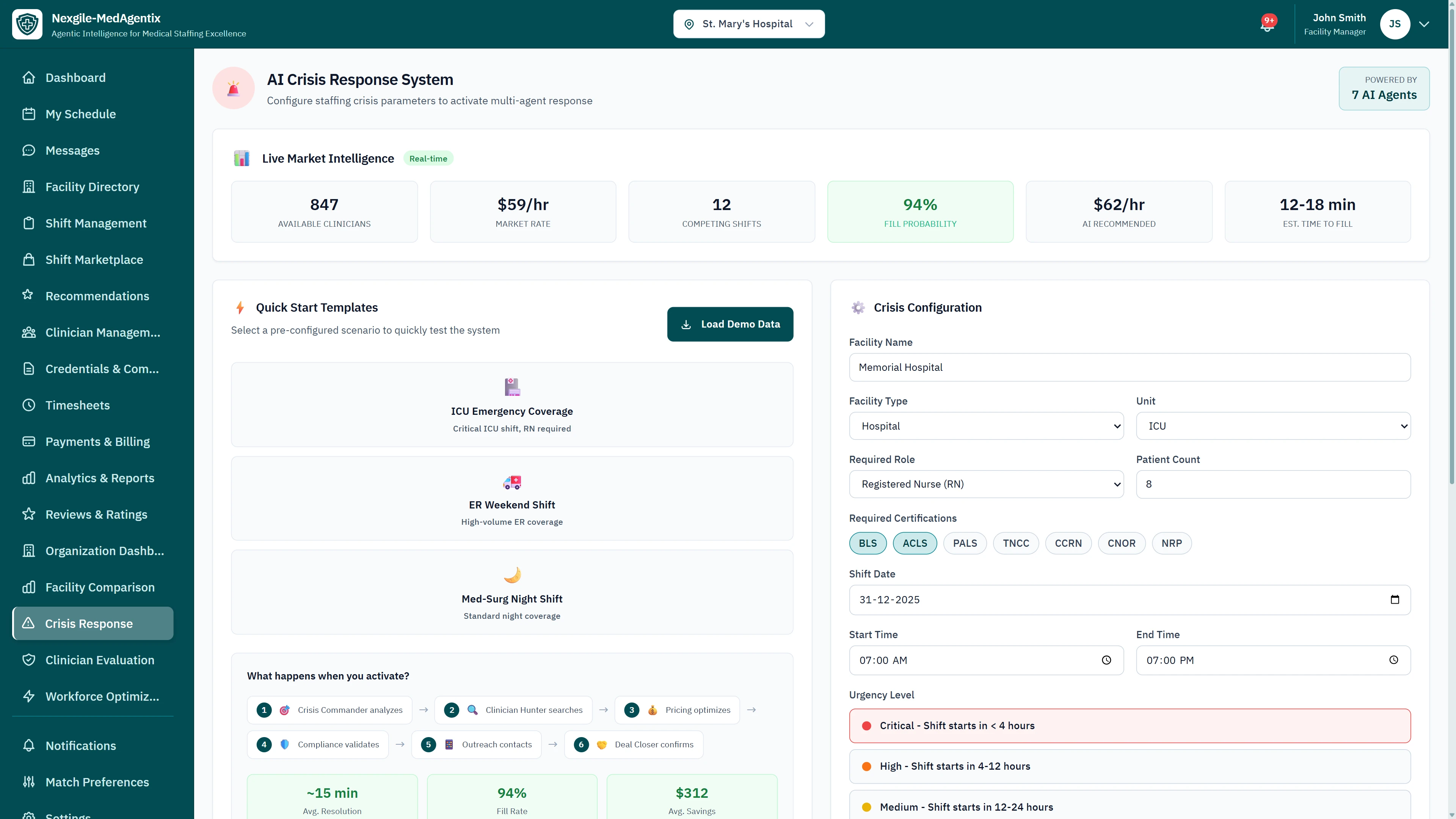 AI Crisis Response System - Live market intelligence dashboard with clinician availability, fill rates, and crisis configuration panel with quick start templates