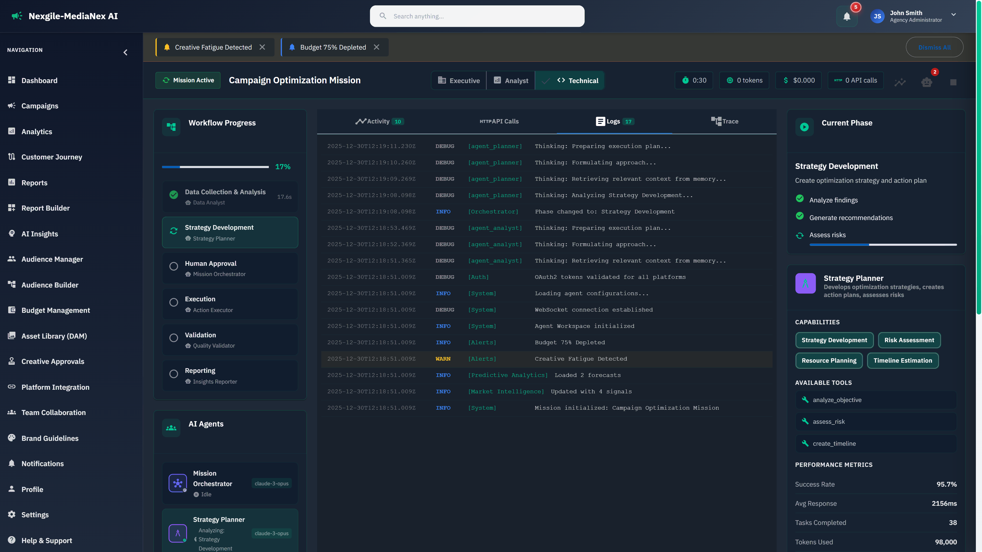Technical logs view with detailed agent activity, API calls, and system events