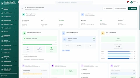 AI recommendation results with property overview, optimal product selection, appraiser matching via MCDA, risk assessment, and cost analysis