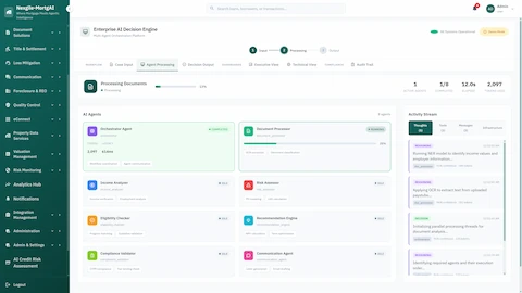 Multi-agent processing view showing 8 AI agents with real-time status, OCR document extraction, and activity stream with reasoning logs