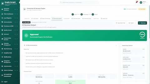AI decision output displaying Flex Modification approval with NPV analysis, proposed payment terms, monthly savings, and supporting evidence