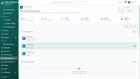 Multi-Agent IEP Orchestration - Student profile selection with STU program participants, assessment document upload, and FERPA-certified system status