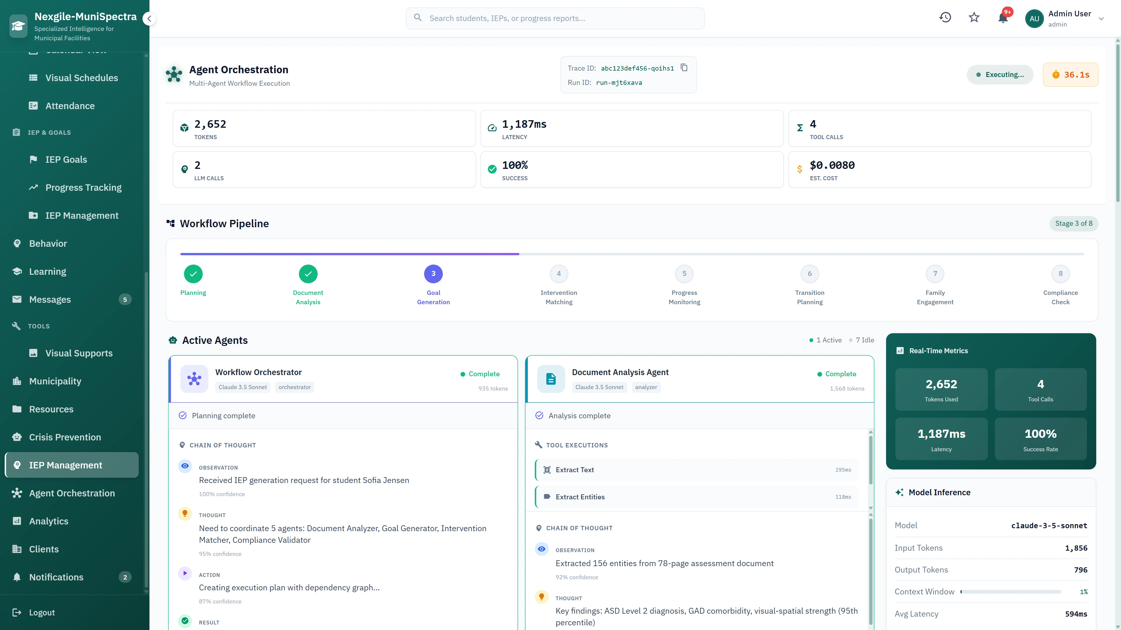 Agent Orchestration Pipeline - Workflow execution with active agents (Document Analyzer, Goal Generator) showing real-time tokens, latency, and model inference metrics