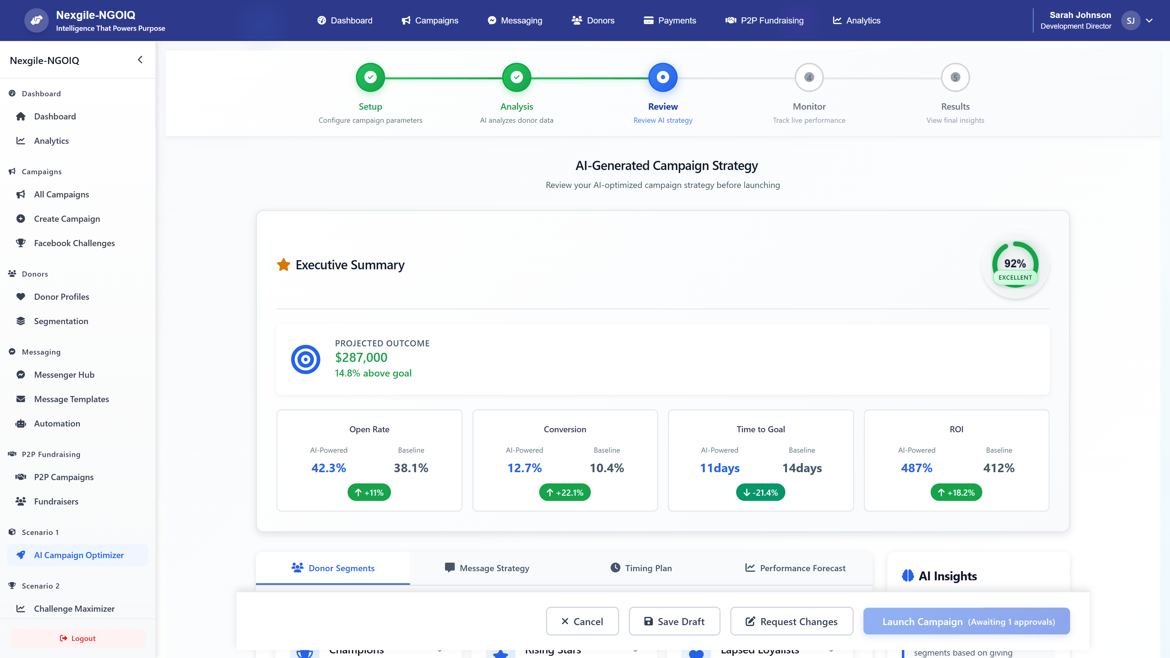 AI-Generated Campaign Strategy - Review AI-optimized campaign strategy with projected outcomes, performance metrics, and detailed insights before launching