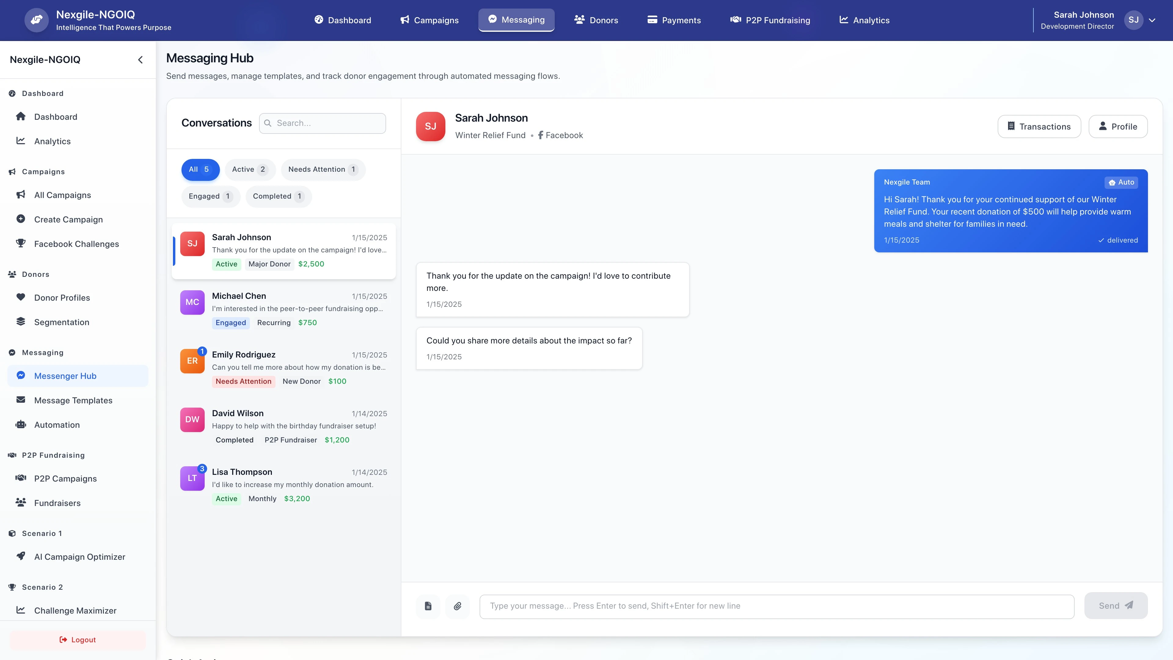 Messaging interface of the Nexgile-NGOIQ Hub platform
