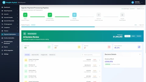 AI Decision Review with Explainable AI - XAI decision review interface displaying 60 approved, 38 flagged, and 2 blocked payments with $1,594,393 total savings, transparent confidence scoring and payment-level decision details for human oversight