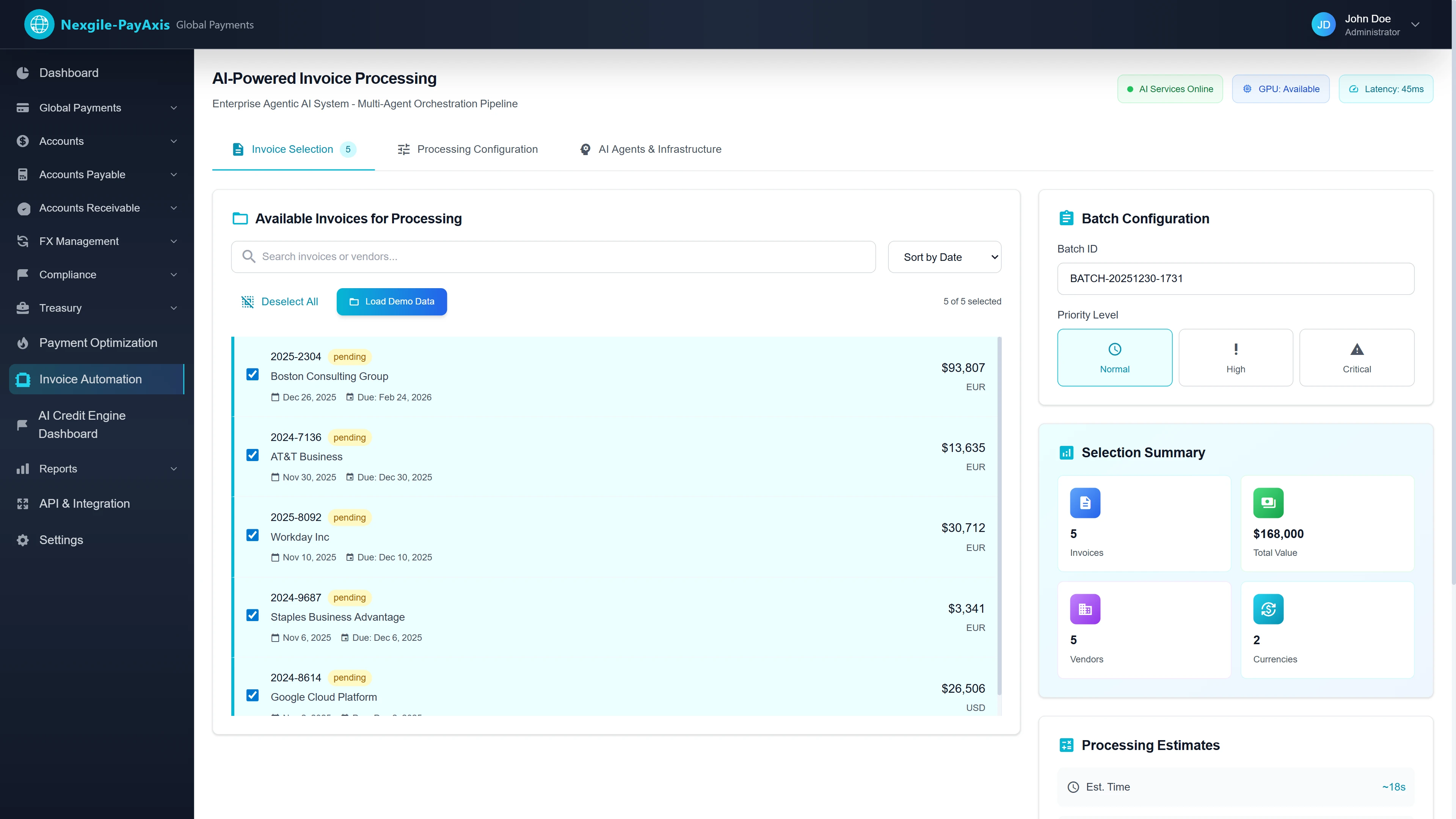Invoice Selection Interface - Multi-vendor invoice batch selection showing 5 invoices worth $168,000 from vendors including Boston Consulting Group, AT&T Business, Workday Inc, with batch configuration, priority levels, and processing estimates