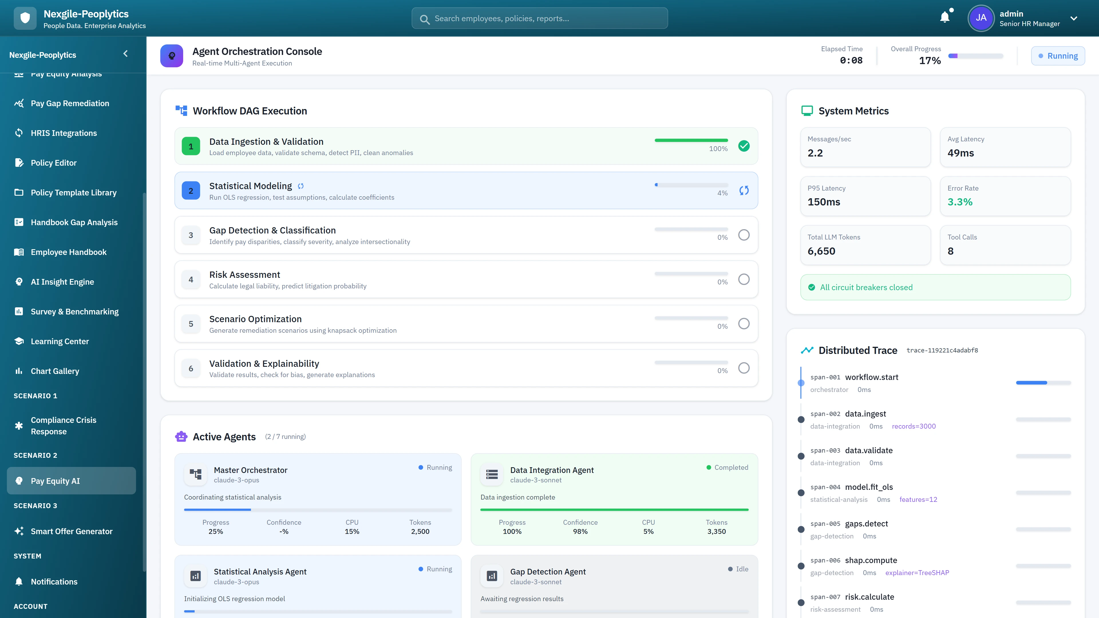 Agent Orchestration Console - Workflow DAG execution progress, system metrics, active agents status, and distributed trace monitoring