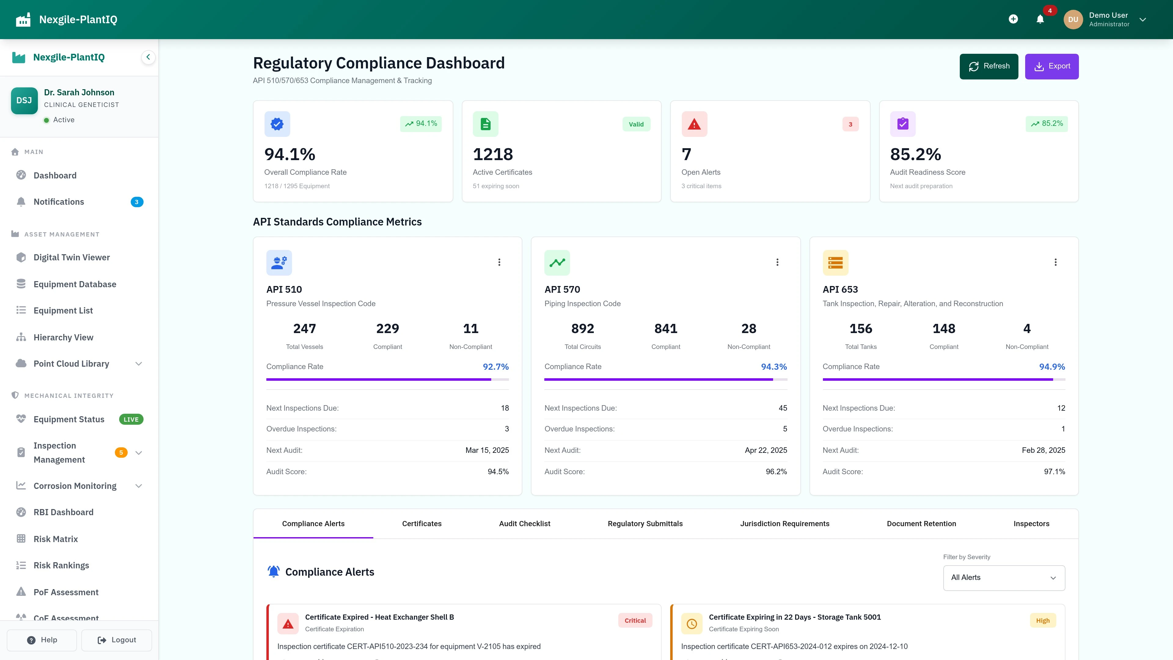 Compliance Dashboard - Equipment compliance monitoring and regulatory tracking interface