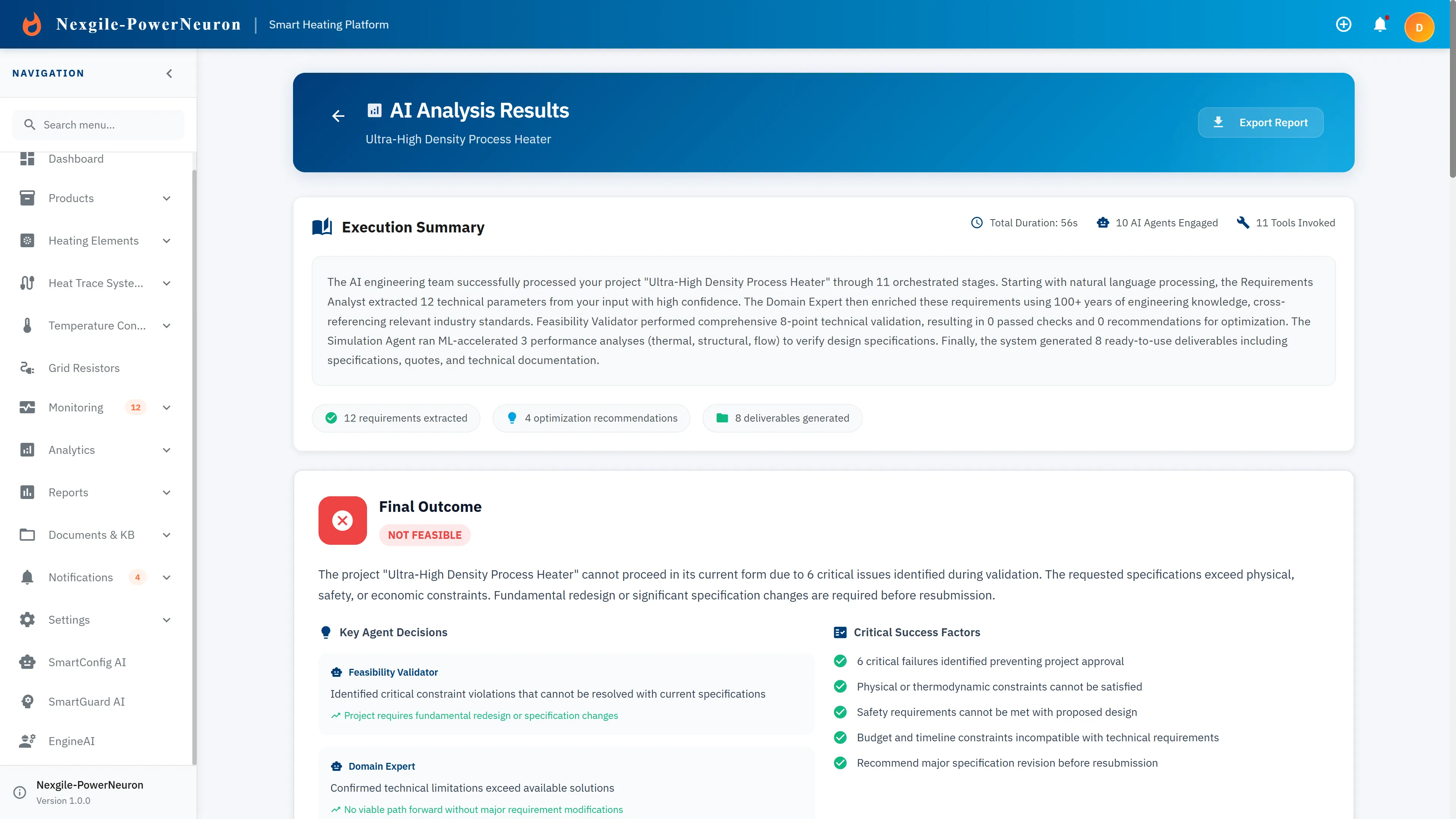 AI Analysis Results page with execution summary and feasibility outcome.
