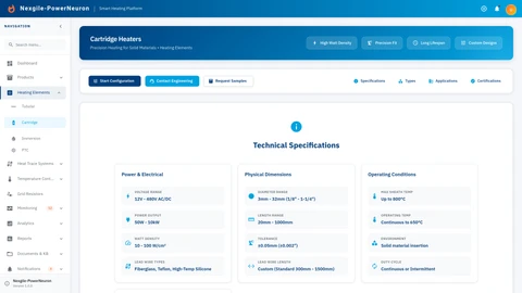 Cartridge Heating Elements Dashboard - Product catalog view showing cartridge heater specifications and configurations
