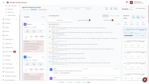 Agent Orchestration Engine displaying live activity feed with Maestro and Procure agents' reasoning chain, decision-making with confidence scores, document validation actions, and real-time document queue status.
