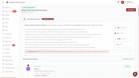 Supply Chain Executive Summary showing completed session with 45 B2B documents processed at 100% success rate, AI-generated narrative with key metrics, and process flow timeline.