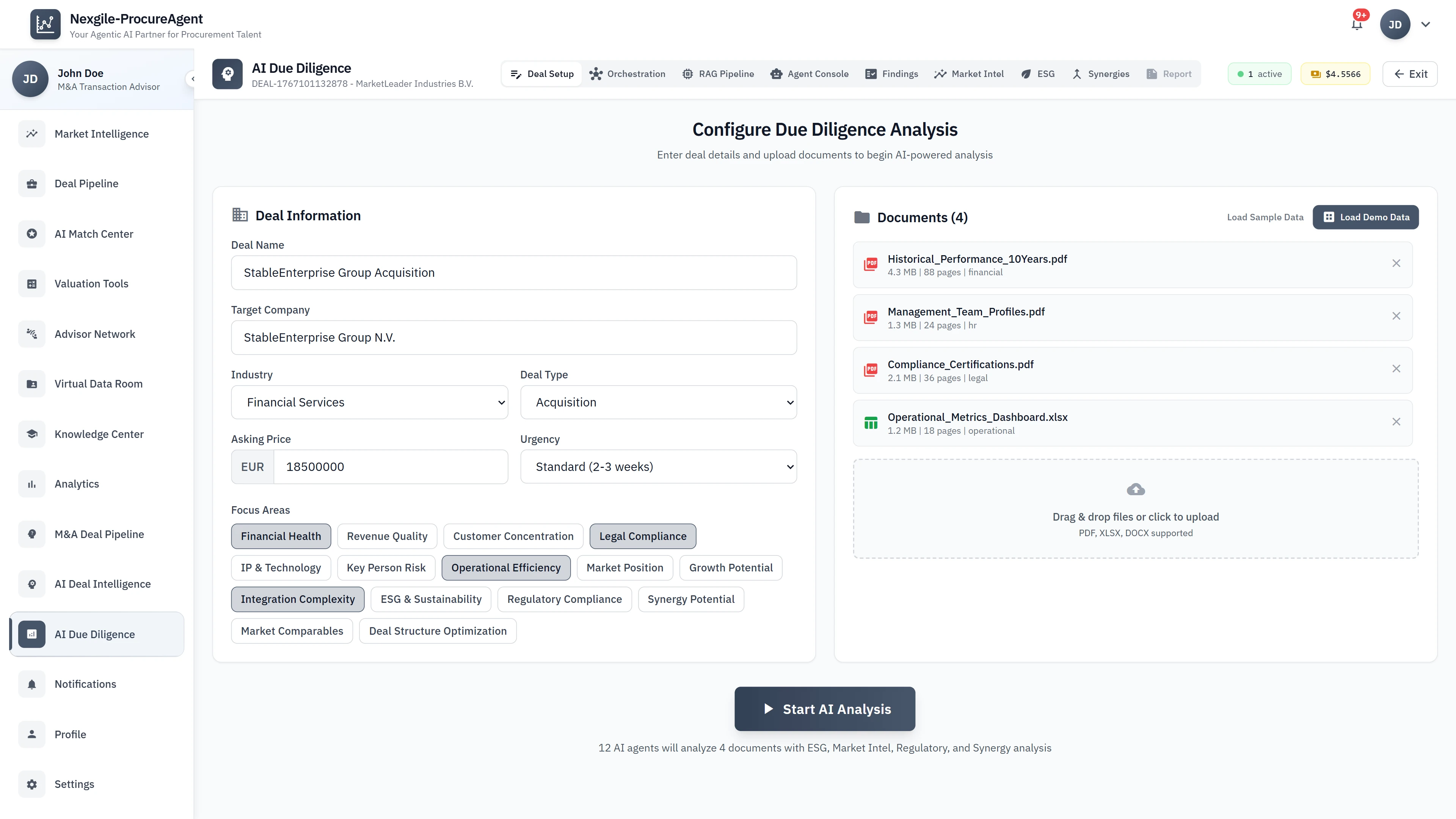 Due Diligence Setup - Deal information, document uploads, focus areas, and analysis configuration