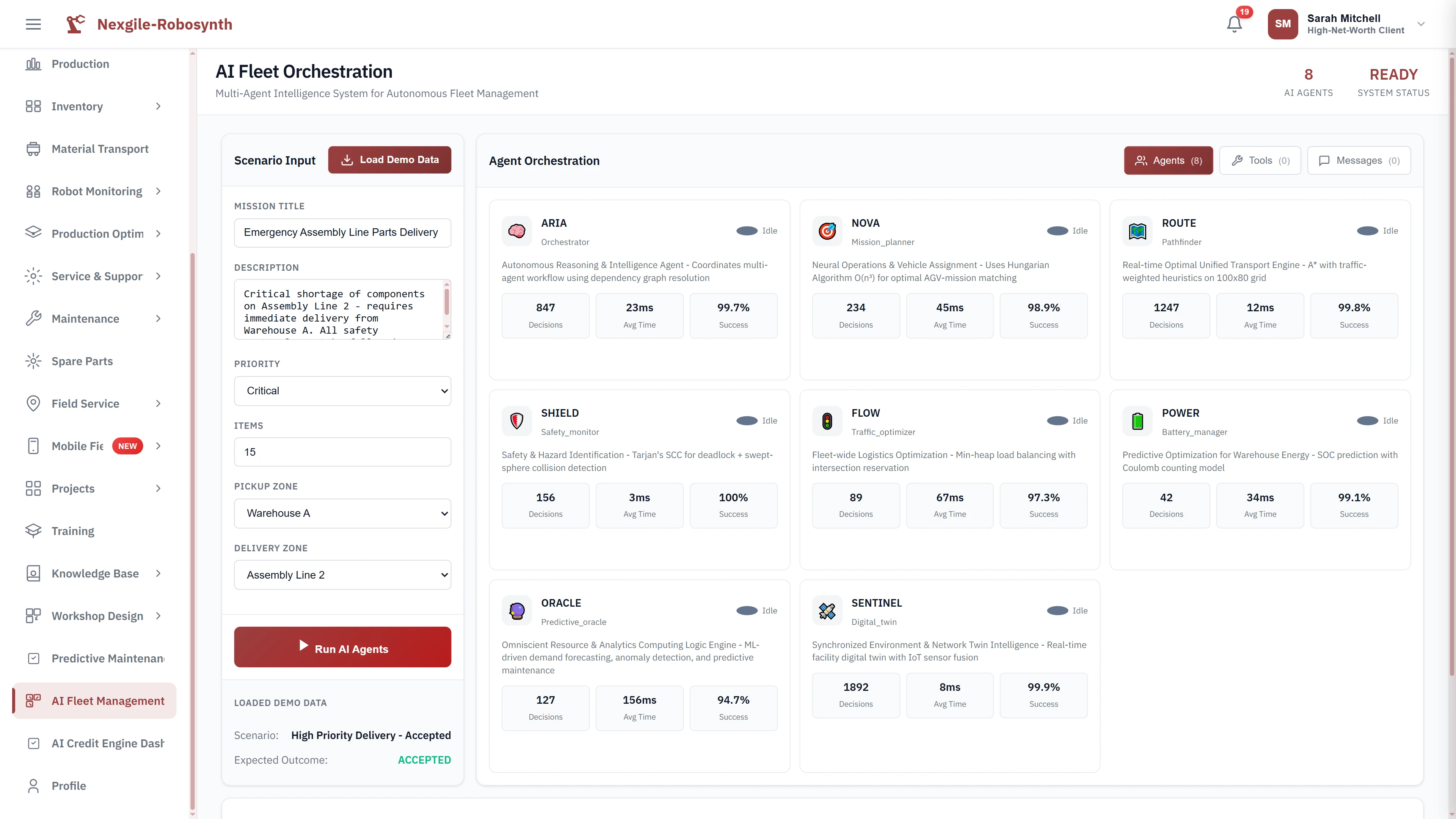 AI Fleet Orchestration setup displaying 8 specialized agents (ARIA, NOVA, ROUTE, SHIELD, FLOW, POWER, ORACLE, SENTINEL) ready for autonomous fleet management