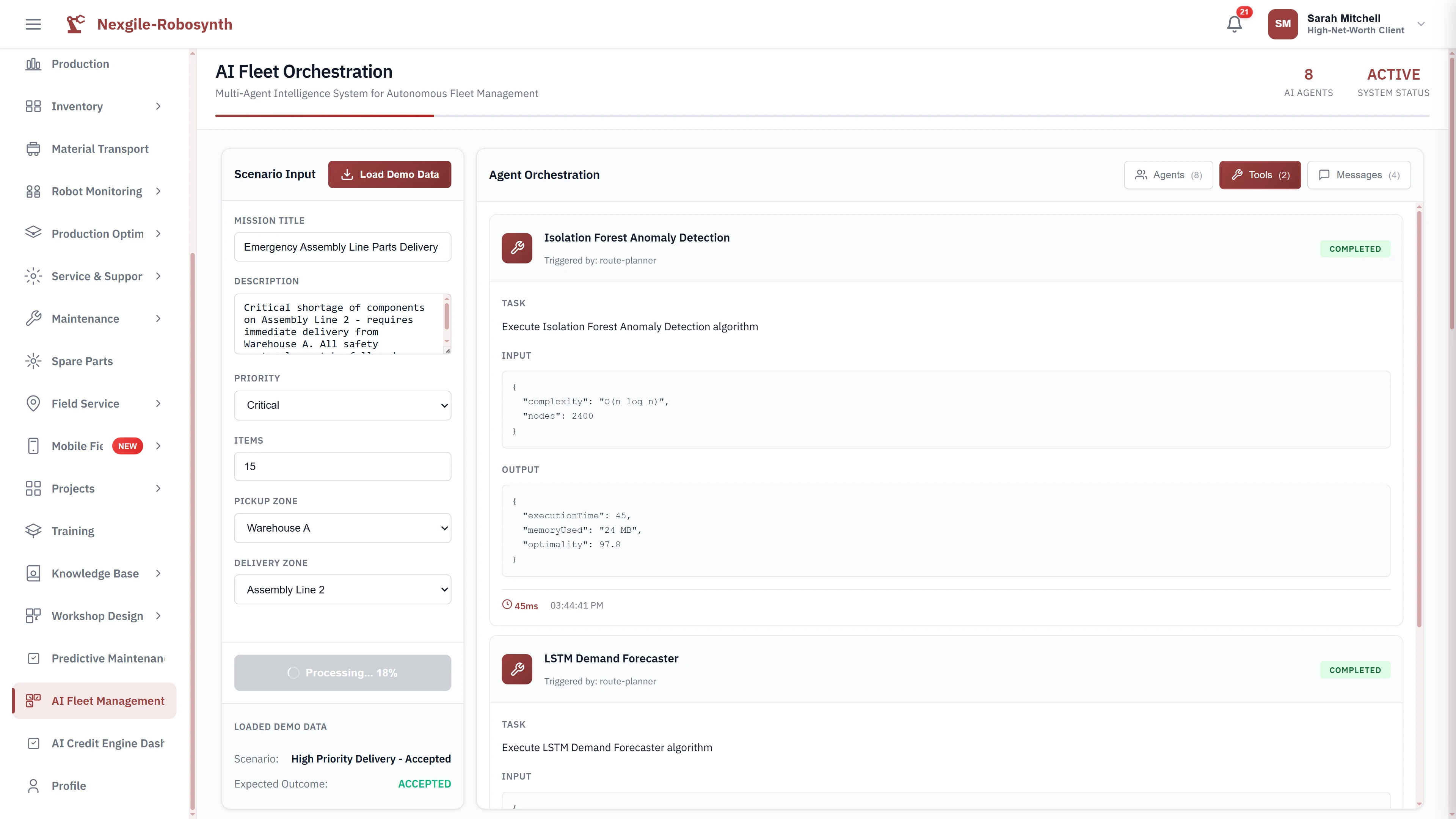 Active agent processing showing real-time execution of predictive algorithms including Isolation Forest anomaly detection and LSTM demand forecasting