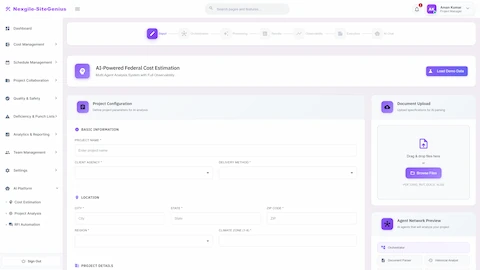 Project Configuration - Input wizard for defining project parameters, location, and uploading documents for AI-powered cost estimation.