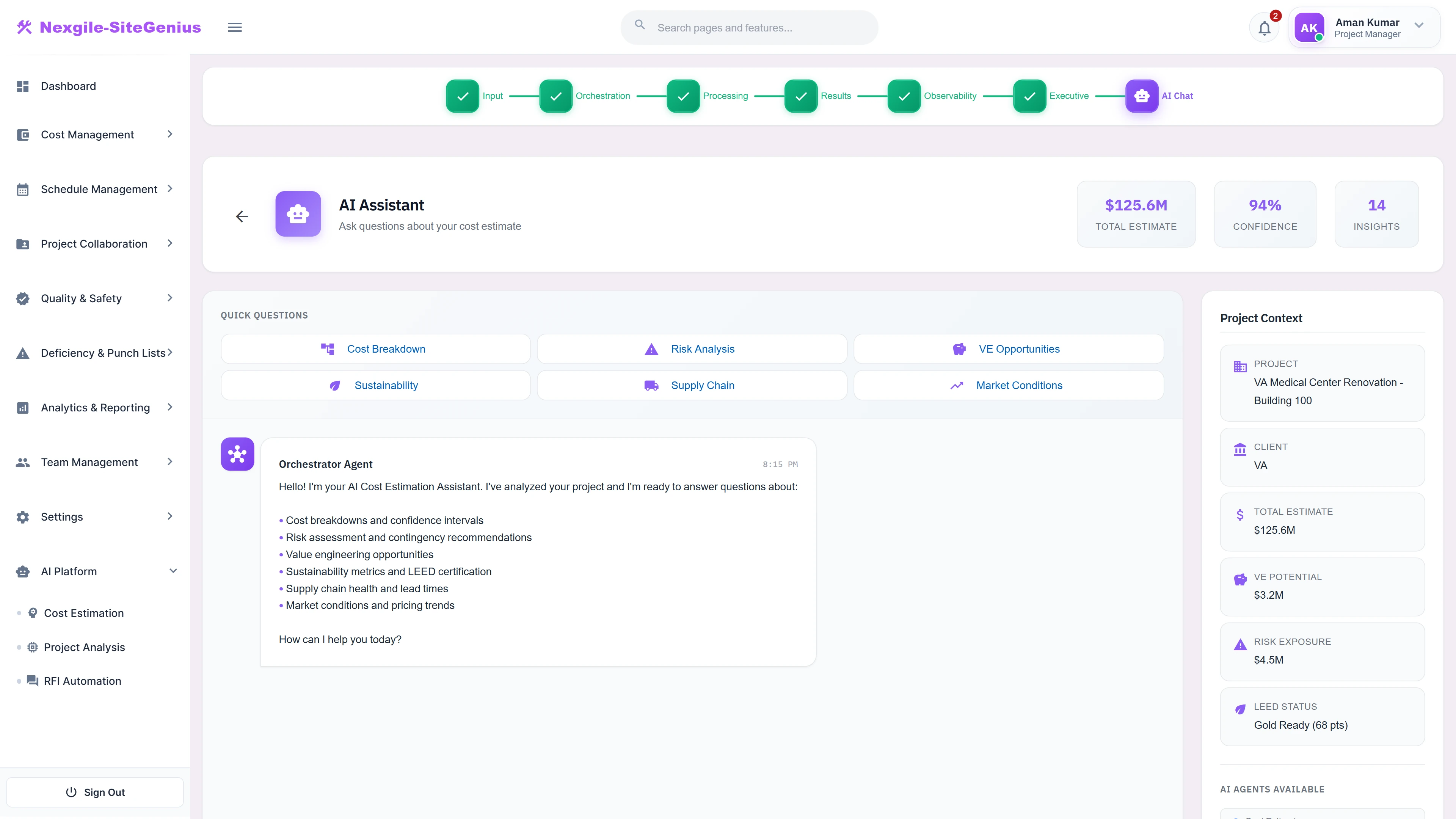 AI Chat Assistant - Conversational interface for querying cost breakdowns, risk analysis, VE opportunities, and market conditions.