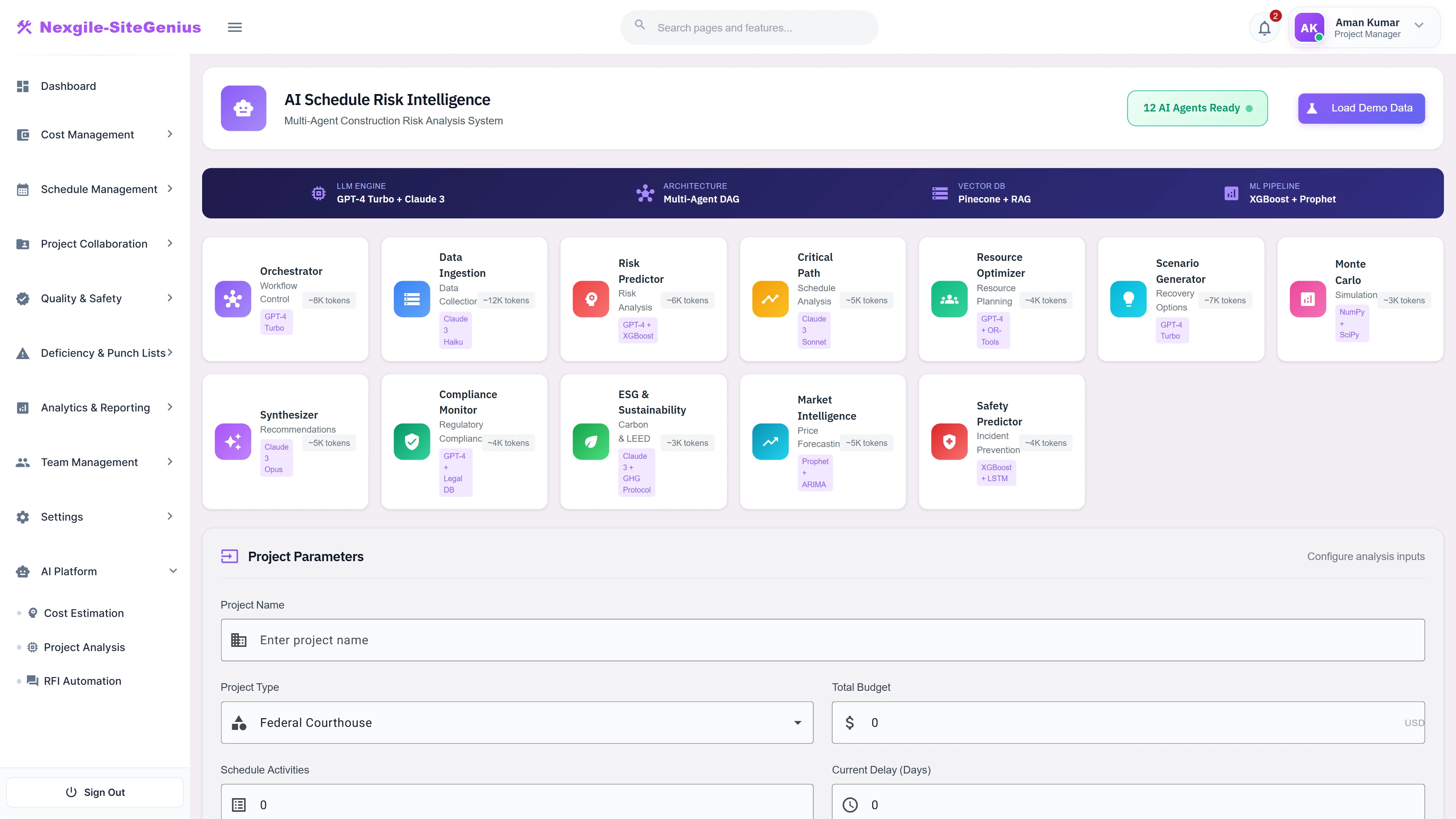Agent Overview - 12 AI agents displayed with their ML models, showing project parameters input and technology stack configuration.