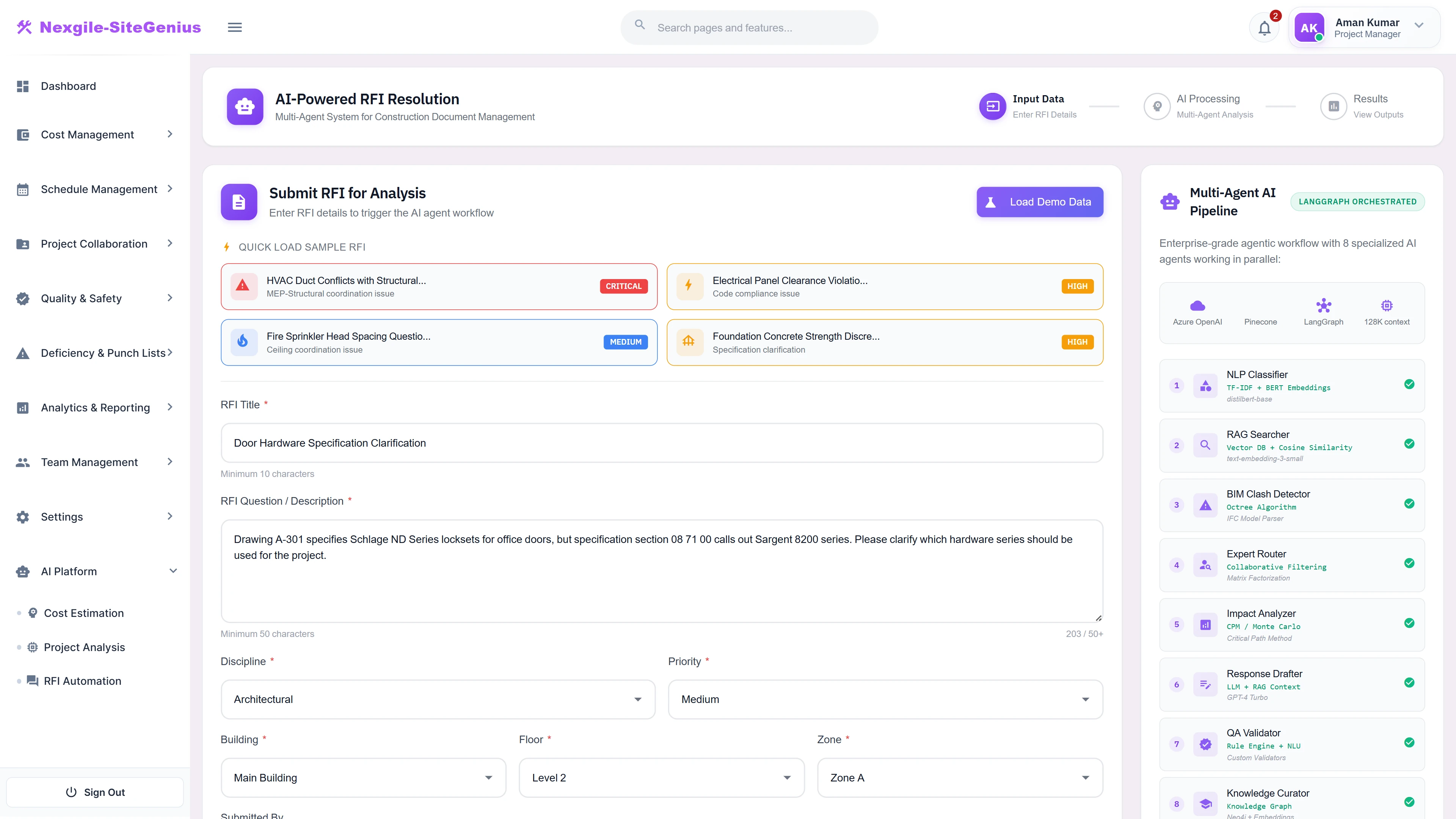RFI Submission - Input form with sample RFIs, discipline selection, and 8-agent pipeline overview showing NLP, RAG, and BIM capabilities.