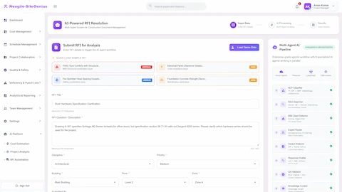 RFI Submission - Input form with sample RFIs, discipline selection, and 8-agent pipeline overview showing NLP, RAG, and BIM capabilities.