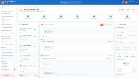 AI Agents Working - Multi-agent orchestration view showing workflow progress, agent status with trust scores, and real-time communication logs