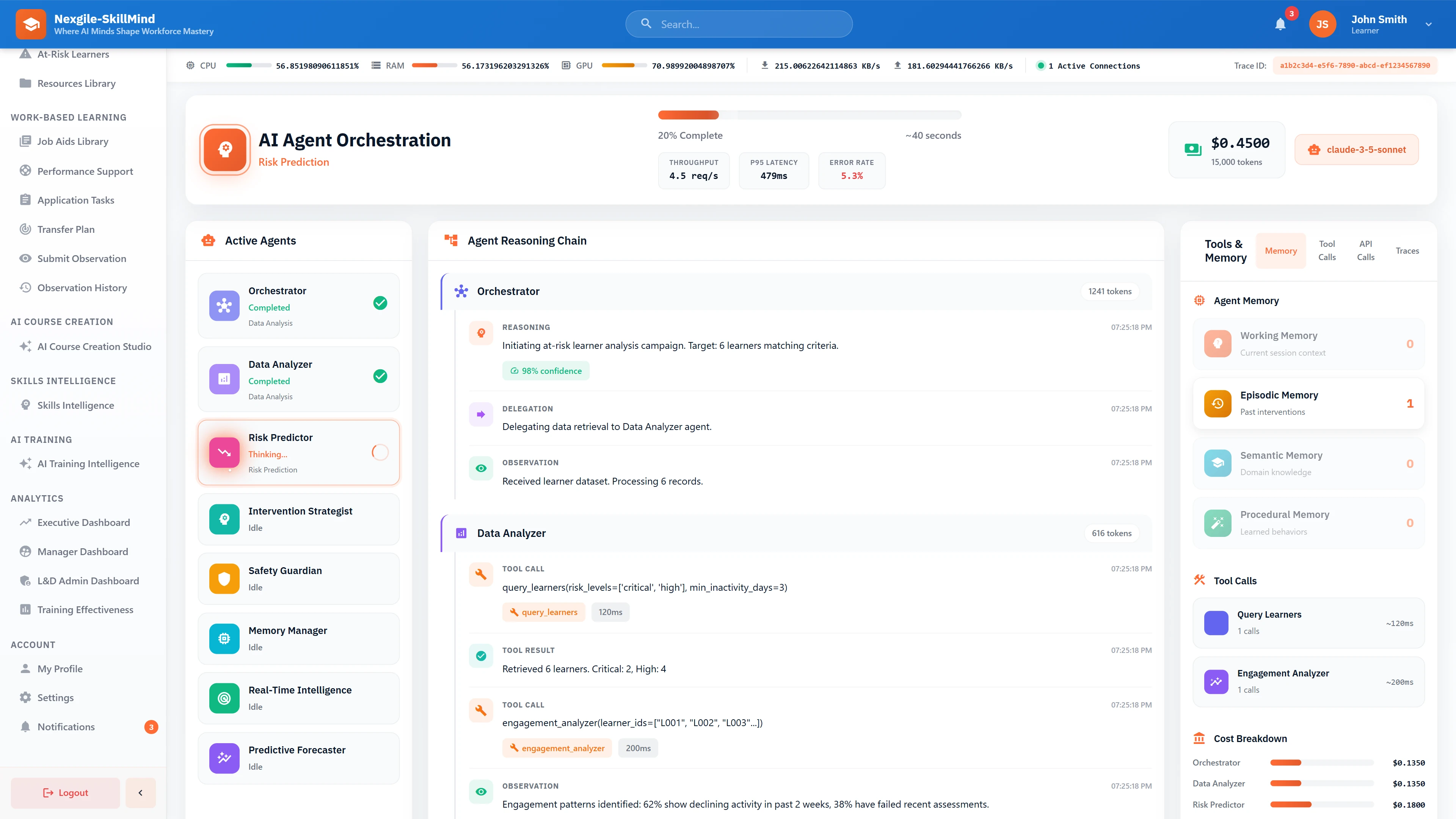 Agent Orchestration - Real-time risk prediction showing 8 active agents, reasoning chains, memory architecture, and cost tracking dashboard