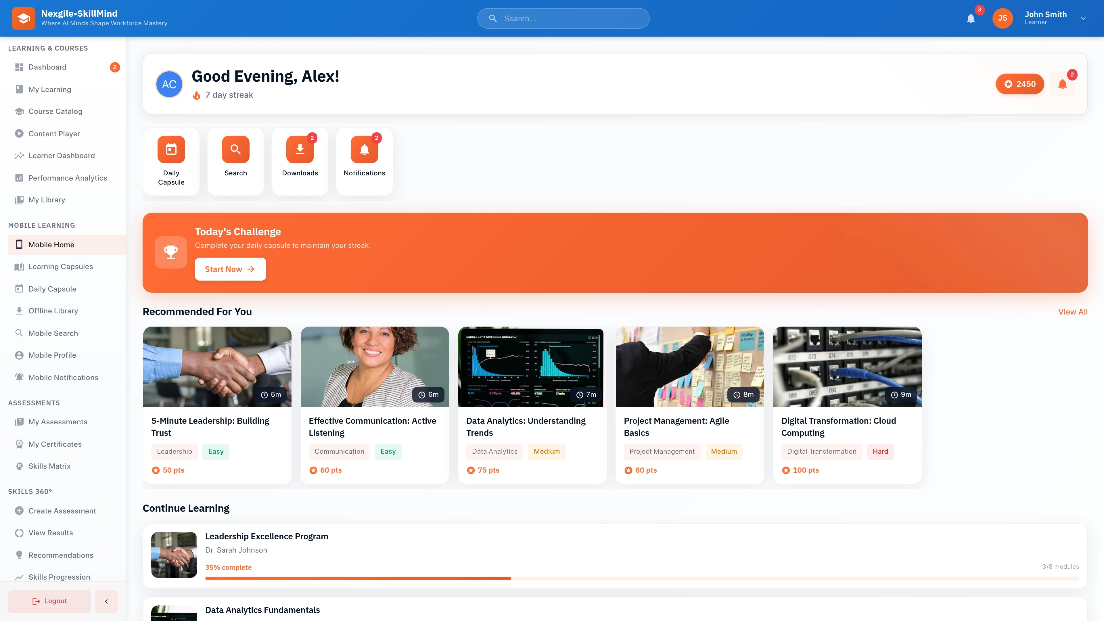 Mobile Learning Experience - Native mobile-optimized interface with microlearning capsules, swipeable card-based lessons, and offline content download capabilities