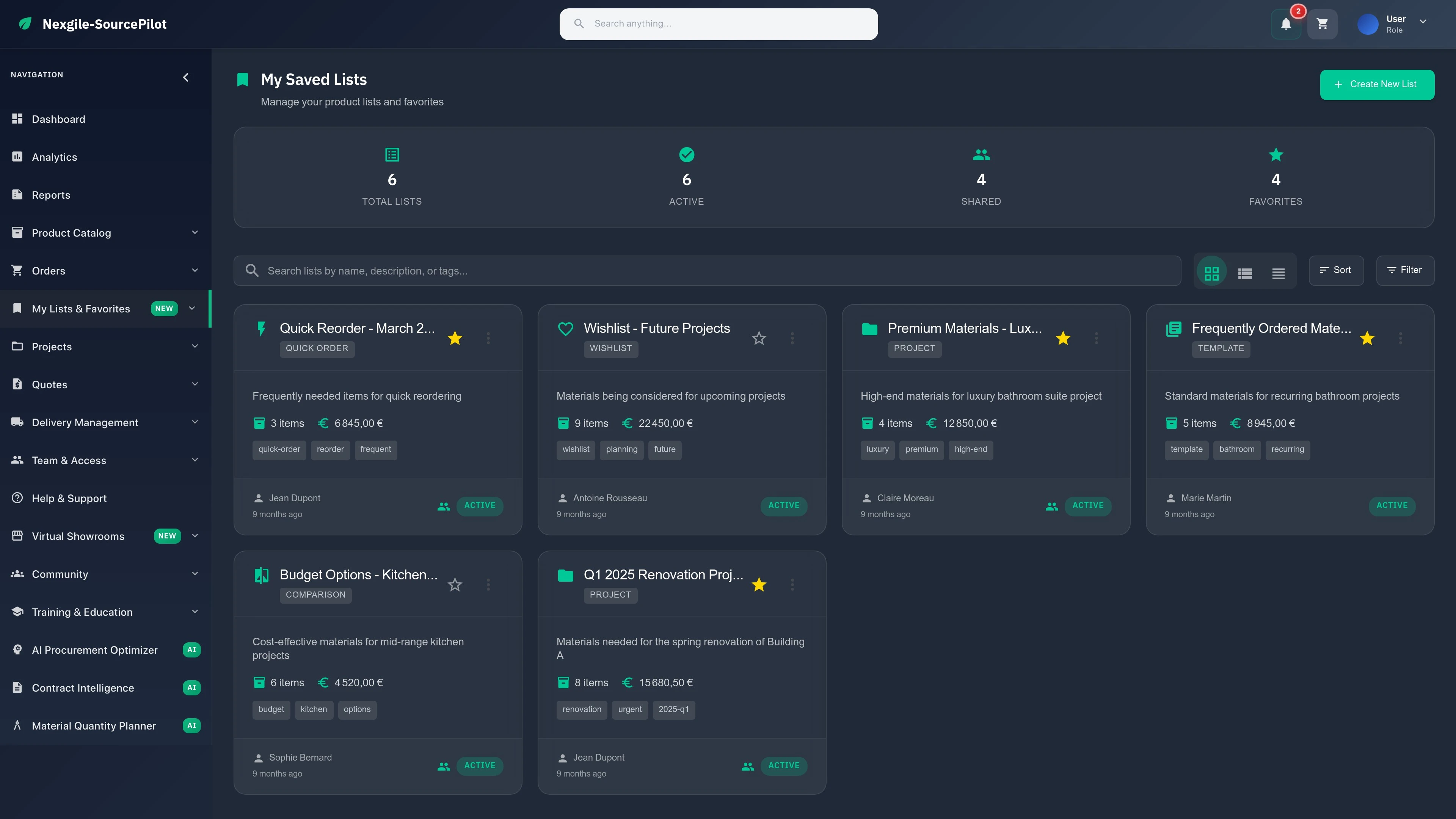 Saved Lists - Material lists and quotes management