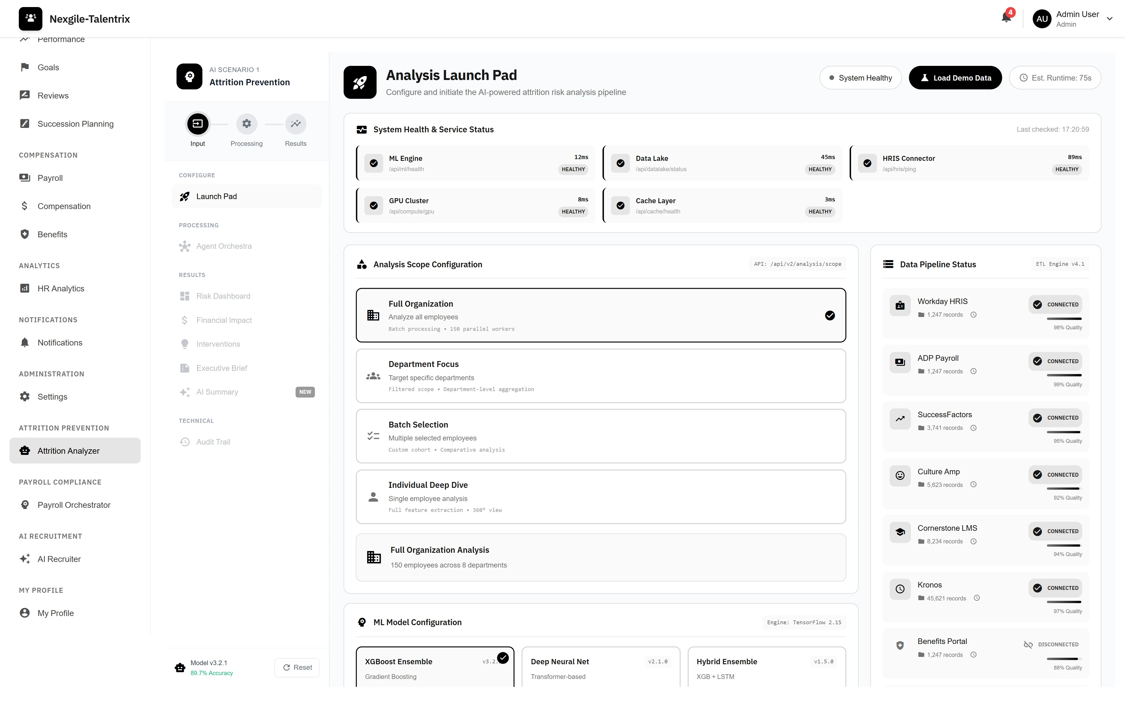 Analysis Launch Pad - Configure attrition risk analysis with ML model selection, analysis scope options, and real-time data pipeline status monitoring