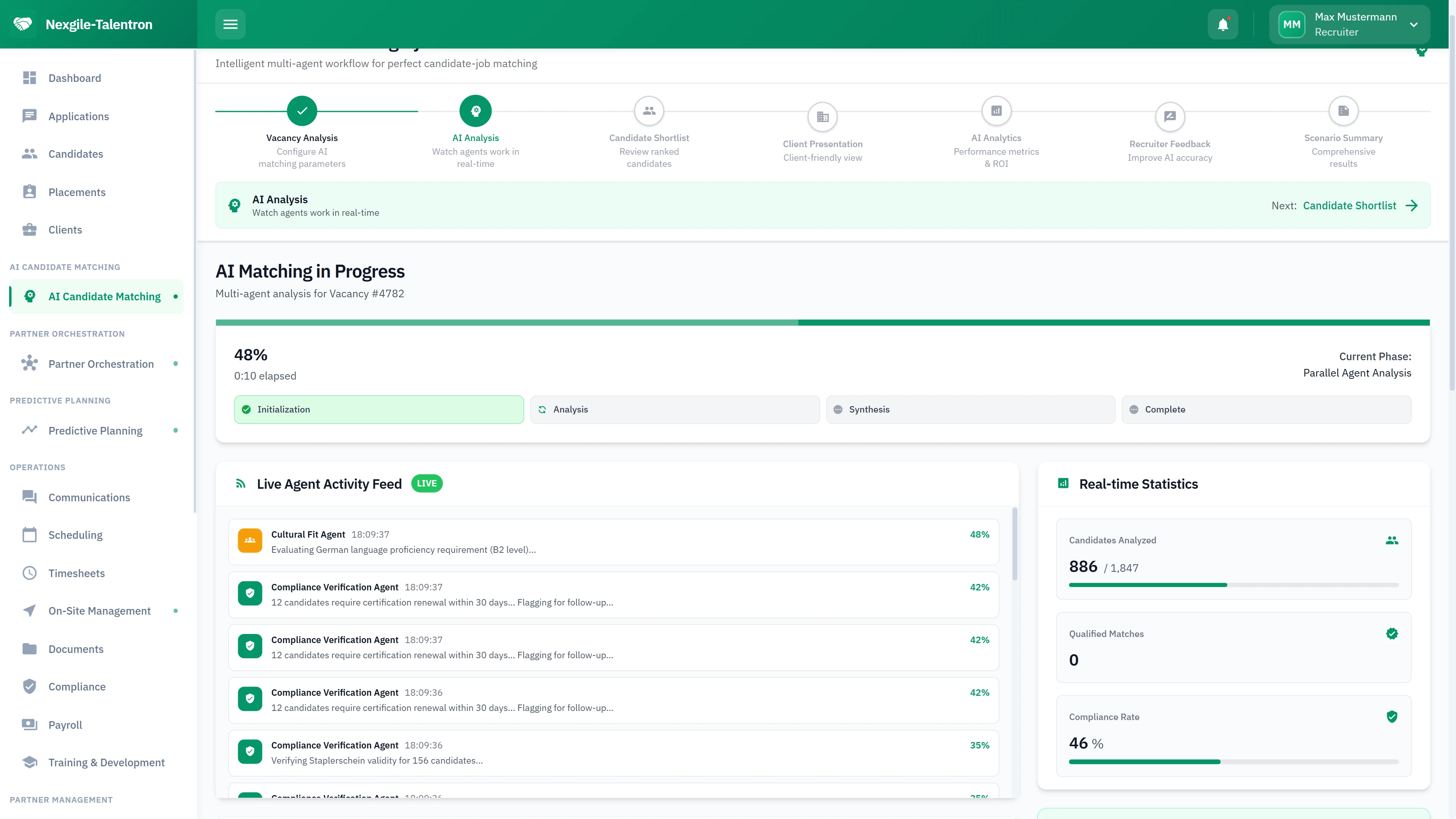 AI Matching - Live agent activity feed with real-time statistics and parallel agent analysis