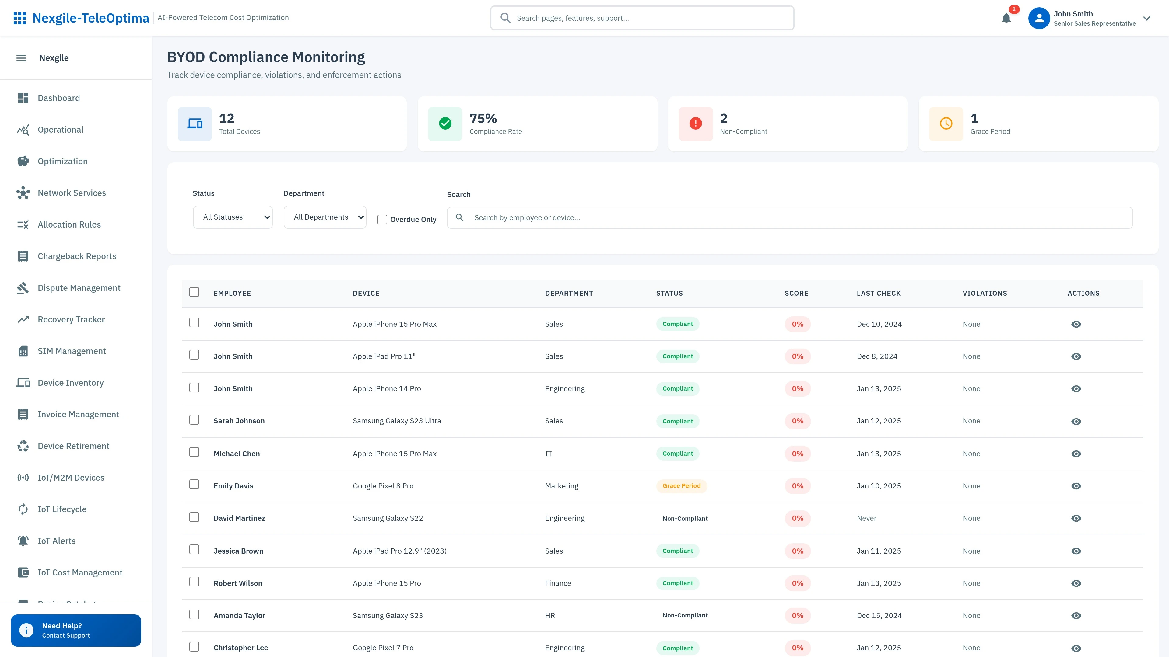 BYOD Compliance Dashboard - Device compliance tracking and policy enforcement