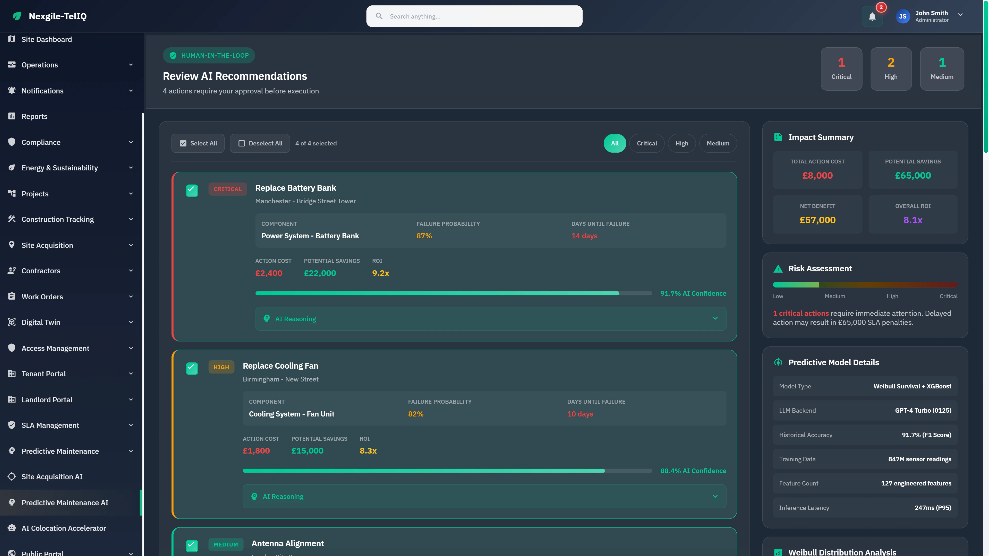 Human-in-the-Loop review interface showing AI maintenance recommendations with failure predictions, cost analysis, and ROI metrics