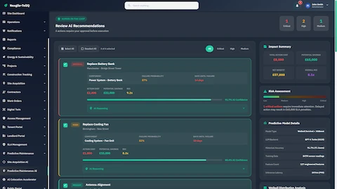 Human-in-the-Loop review interface showing AI maintenance recommendations with failure predictions, cost analysis, and ROI metrics