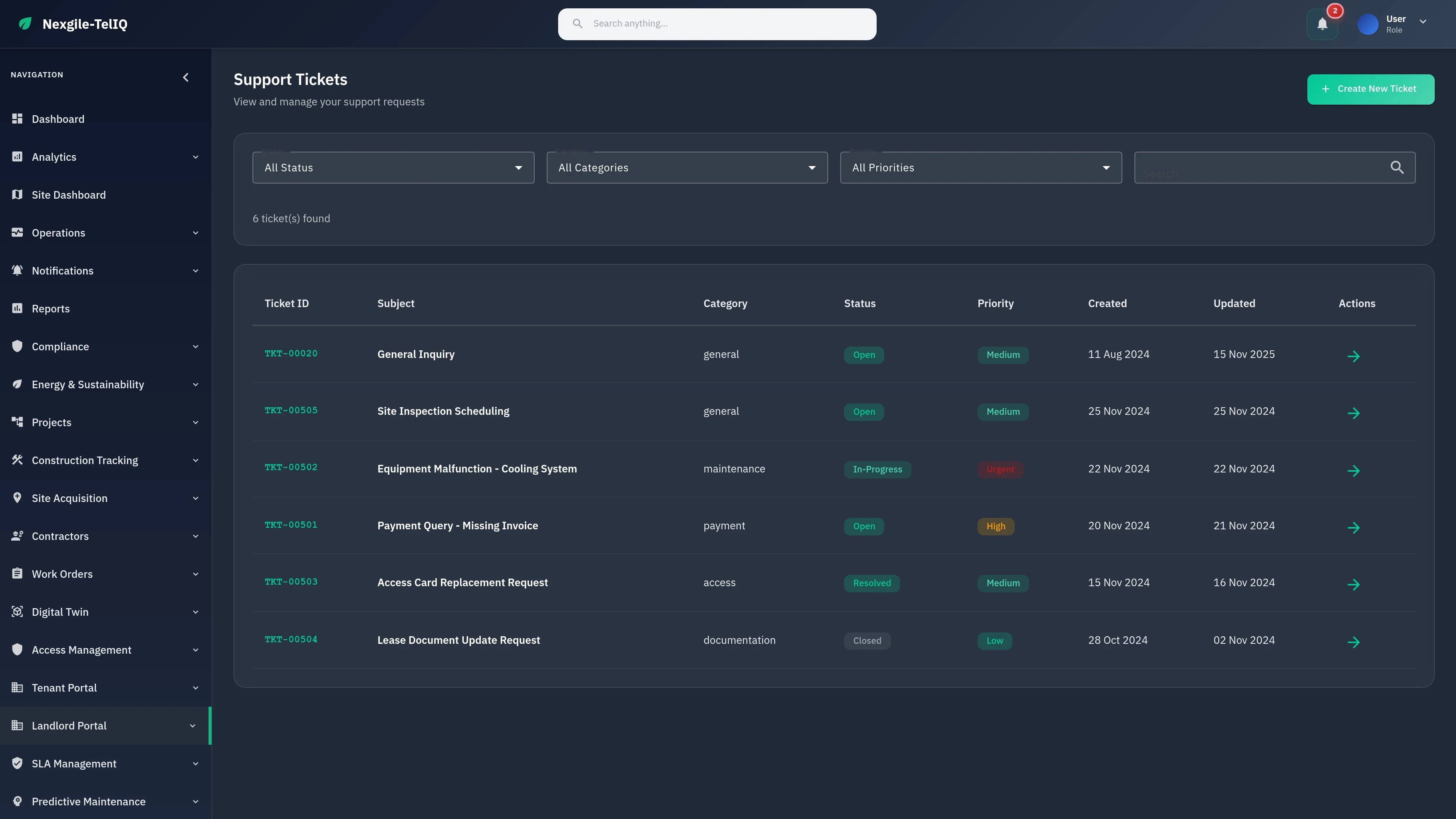 Landlord Support Portal - Property owner access to lease management, payment history, site activity, and support ticketing