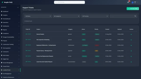 Landlord Support Portal - Property owner access to lease management, payment history, site activity, and support ticketing