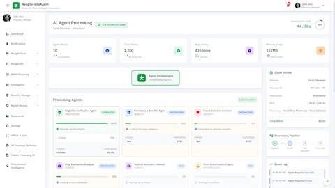 Real-Time Processing - Live agent orchestration showing 10 agents processing in parallel with status tracking, processing pipeline visualization, and event log
